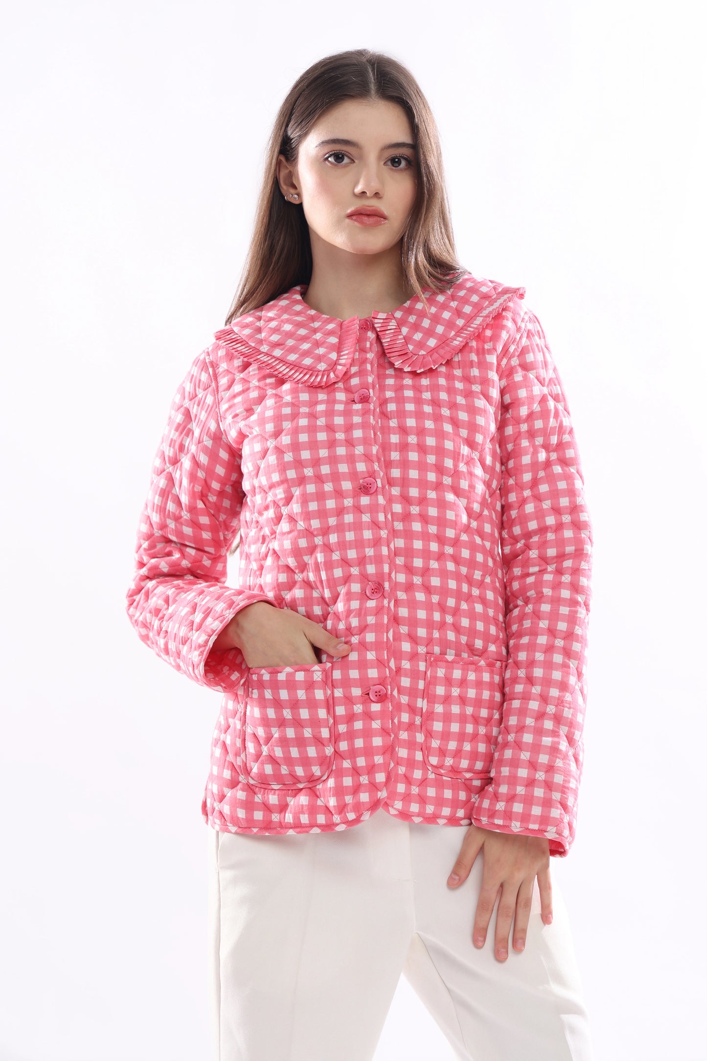 Gingham Pink Full Sleeve Jacket