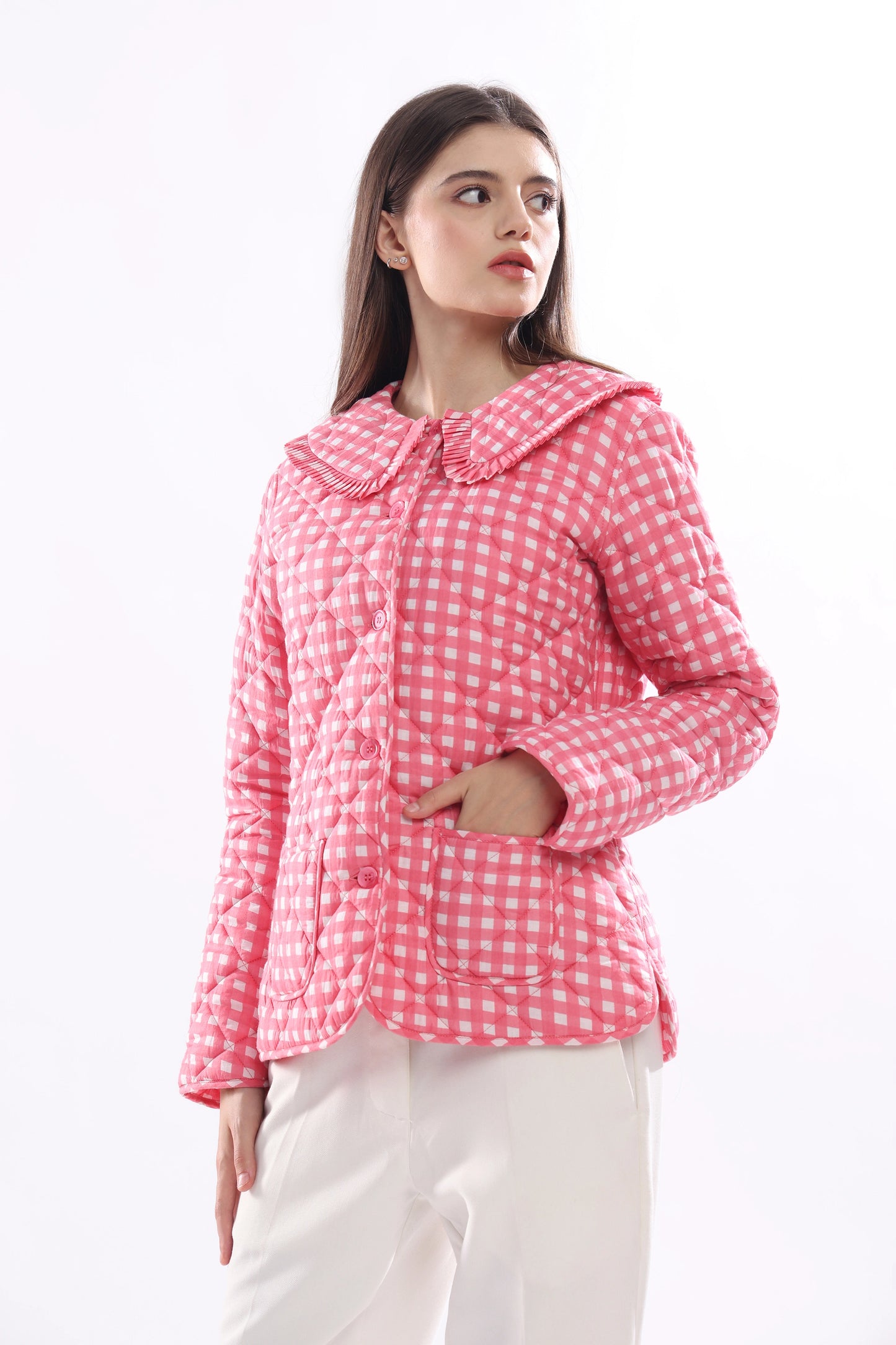 Gingham Pink Full Sleeve Jacket