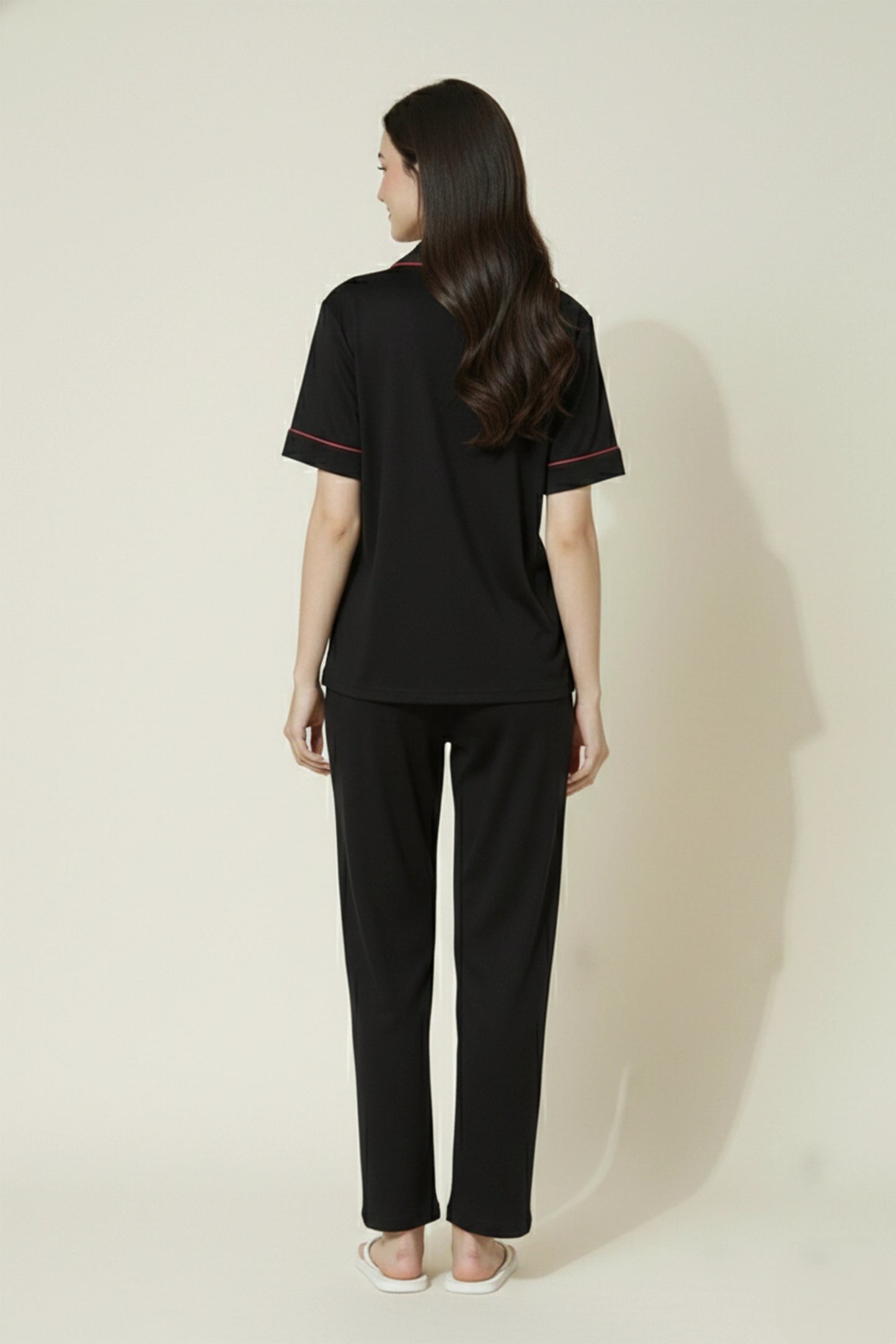 Black Cotton Night Suit for Women with Contrast Piping - Half Sleeve