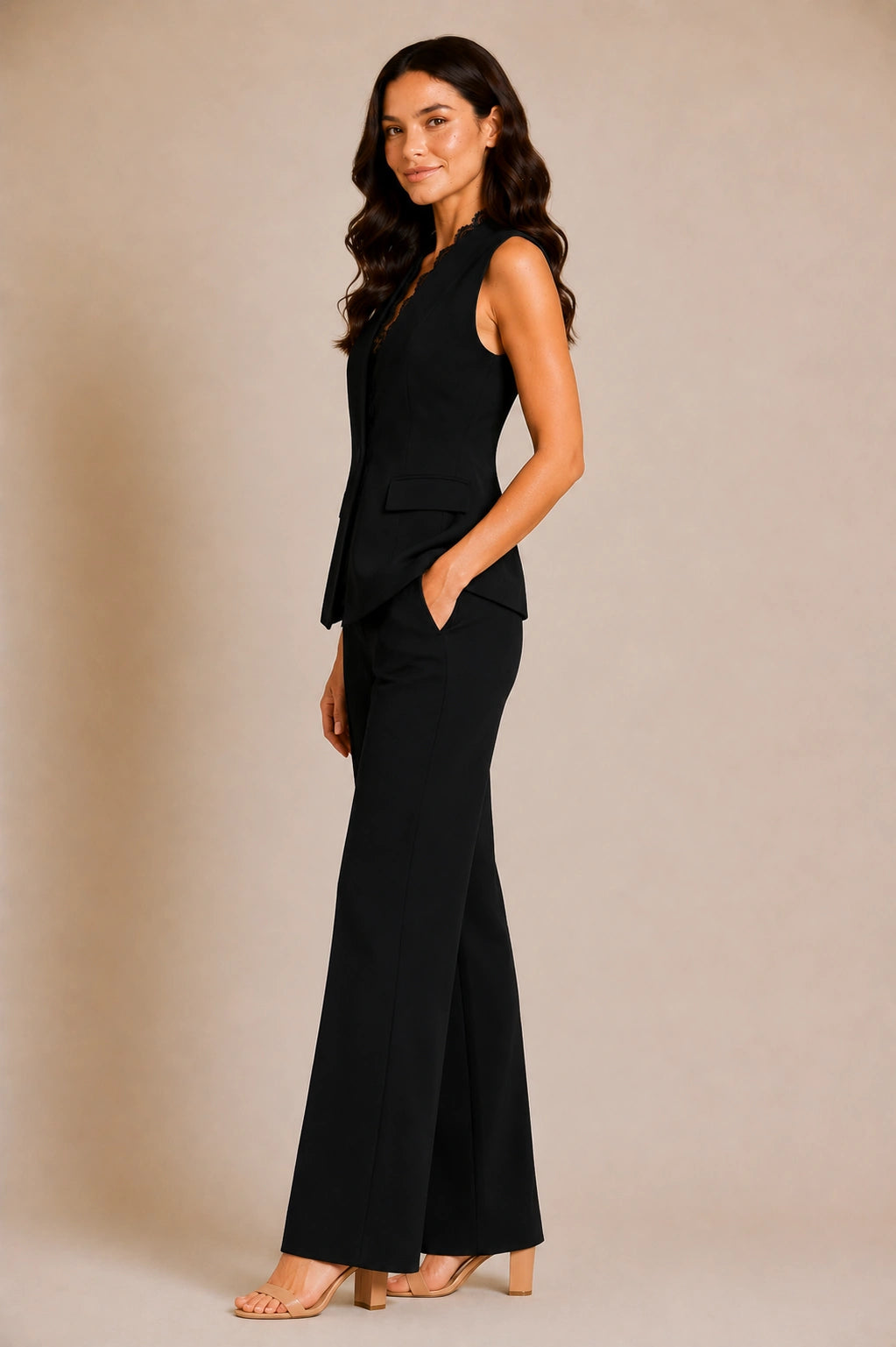 Black Lace Detail V- Neck Waistcoat
