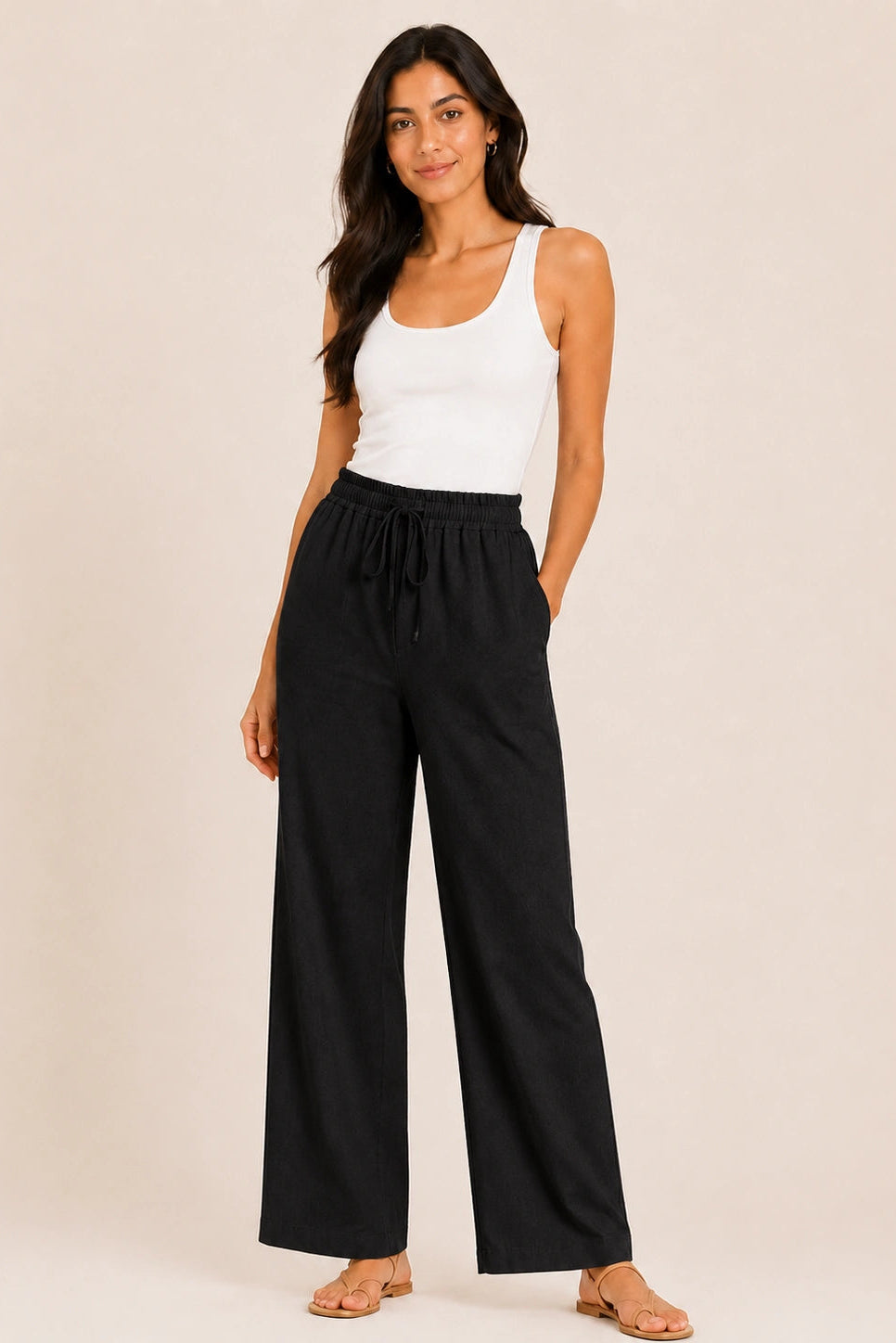 Black Straight-Leg Drawstring Trousers