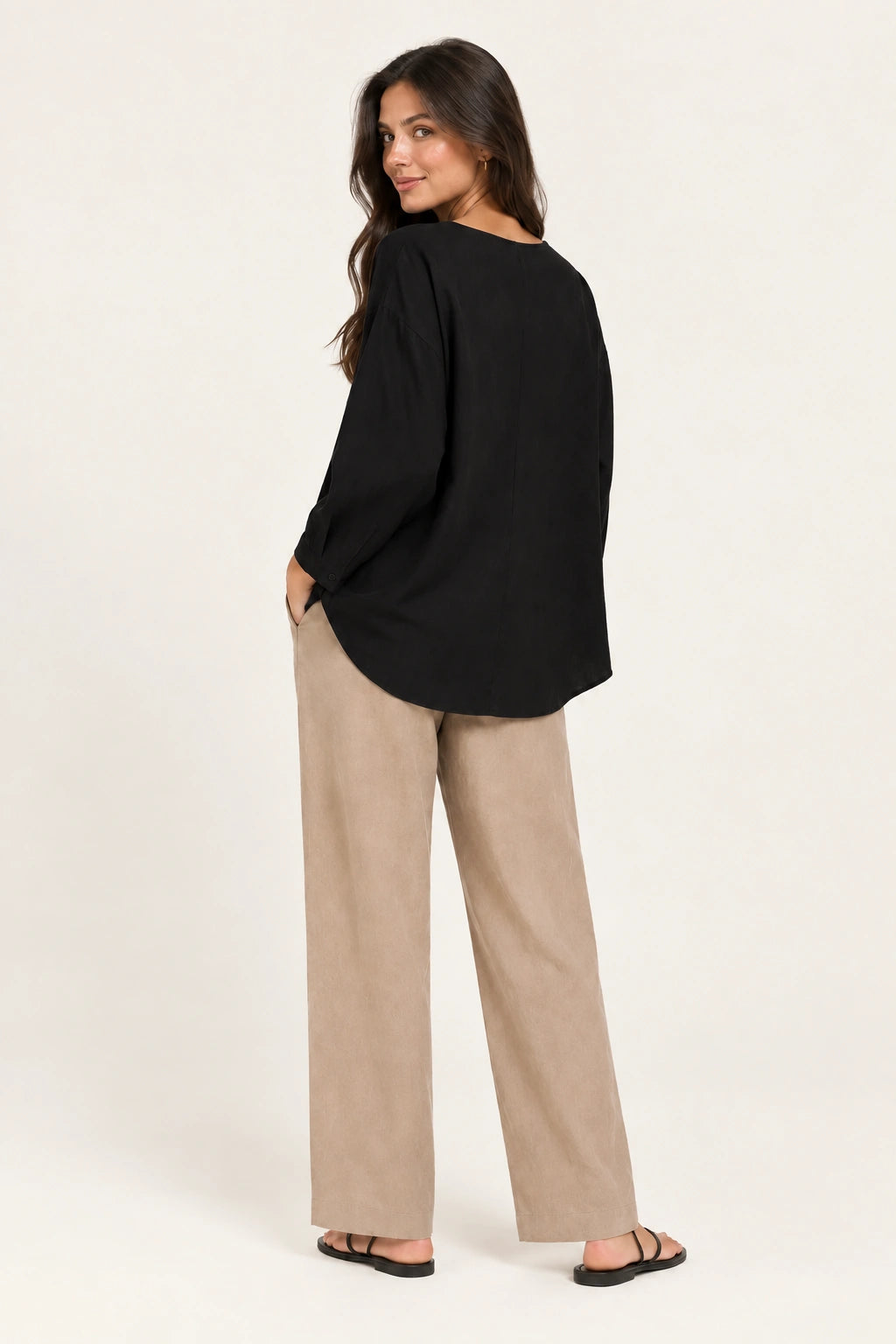 Black V-Neck Button-Down Relaxed Fit Top