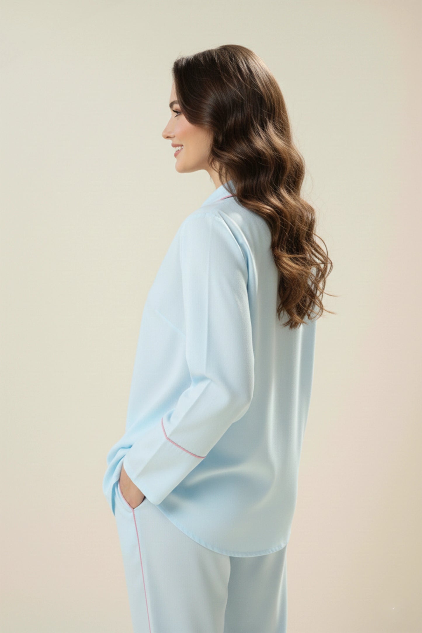 Pastel Blue Cotton Night Suit with Contrast Piping
