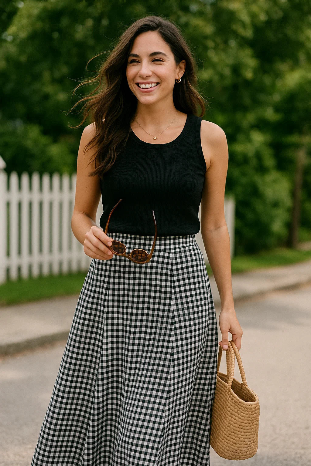 Nerra Frill Maxi Skirt - Women’s Black & White Gingham A-Line Skirt with Pockets