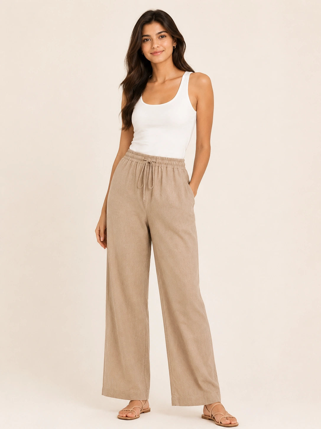 Brown Straight-Leg Drawstring Trousers