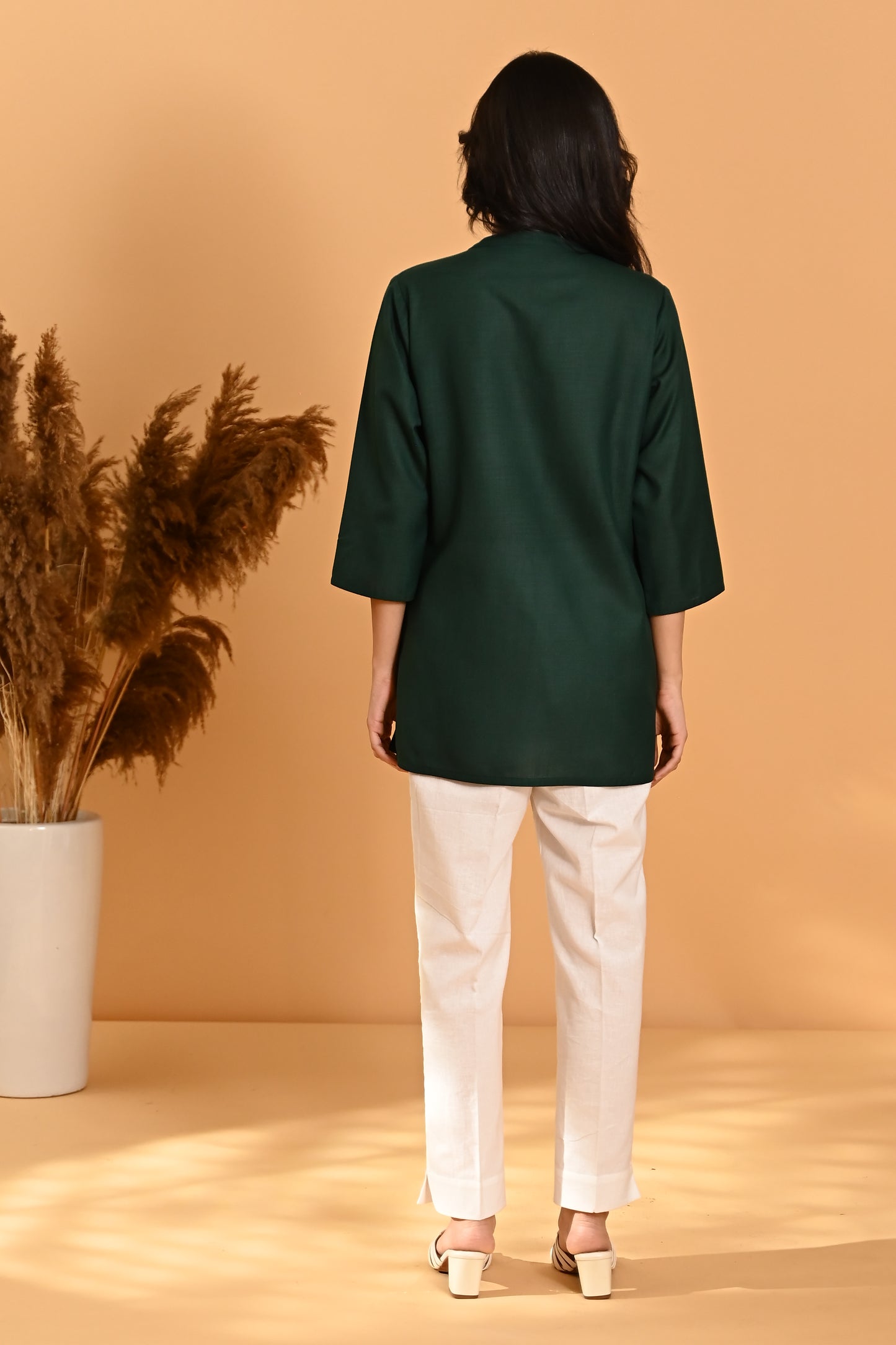 Elira Short Cotton Kurta- Forest Green