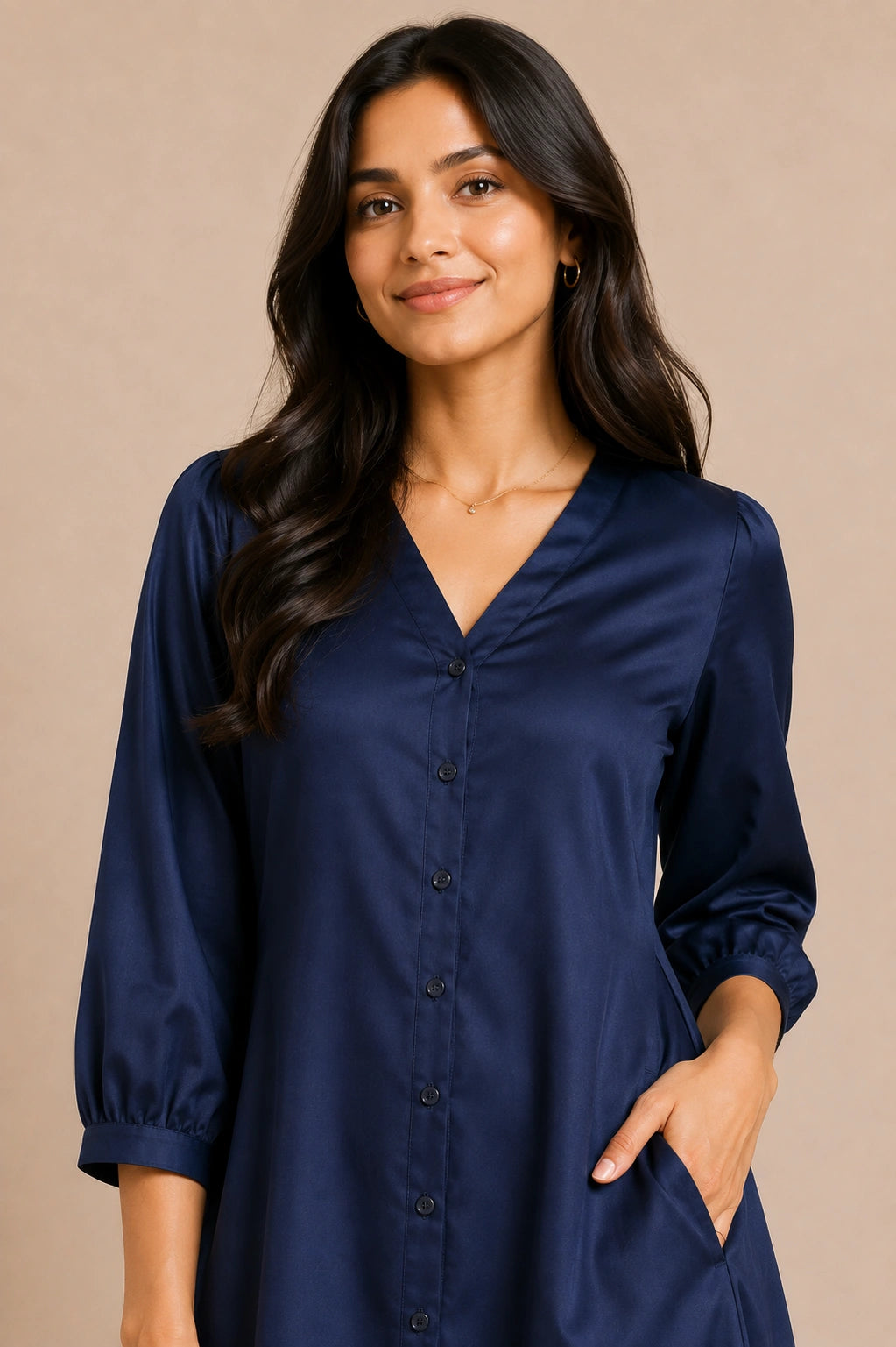 Navy Button Down A-Line Midi Dress with Pockets