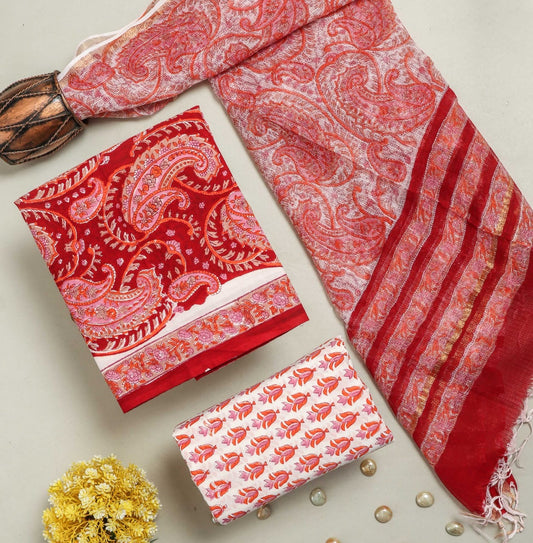 COTTON HANDBLOCK PRINTED UNSTITCHED SUIT SET - 3 PIECE