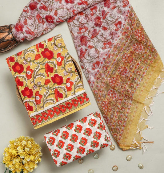COTTON HANDBLOCK PRINTED UNSTITCHED SUIT SET - 3 PIECE