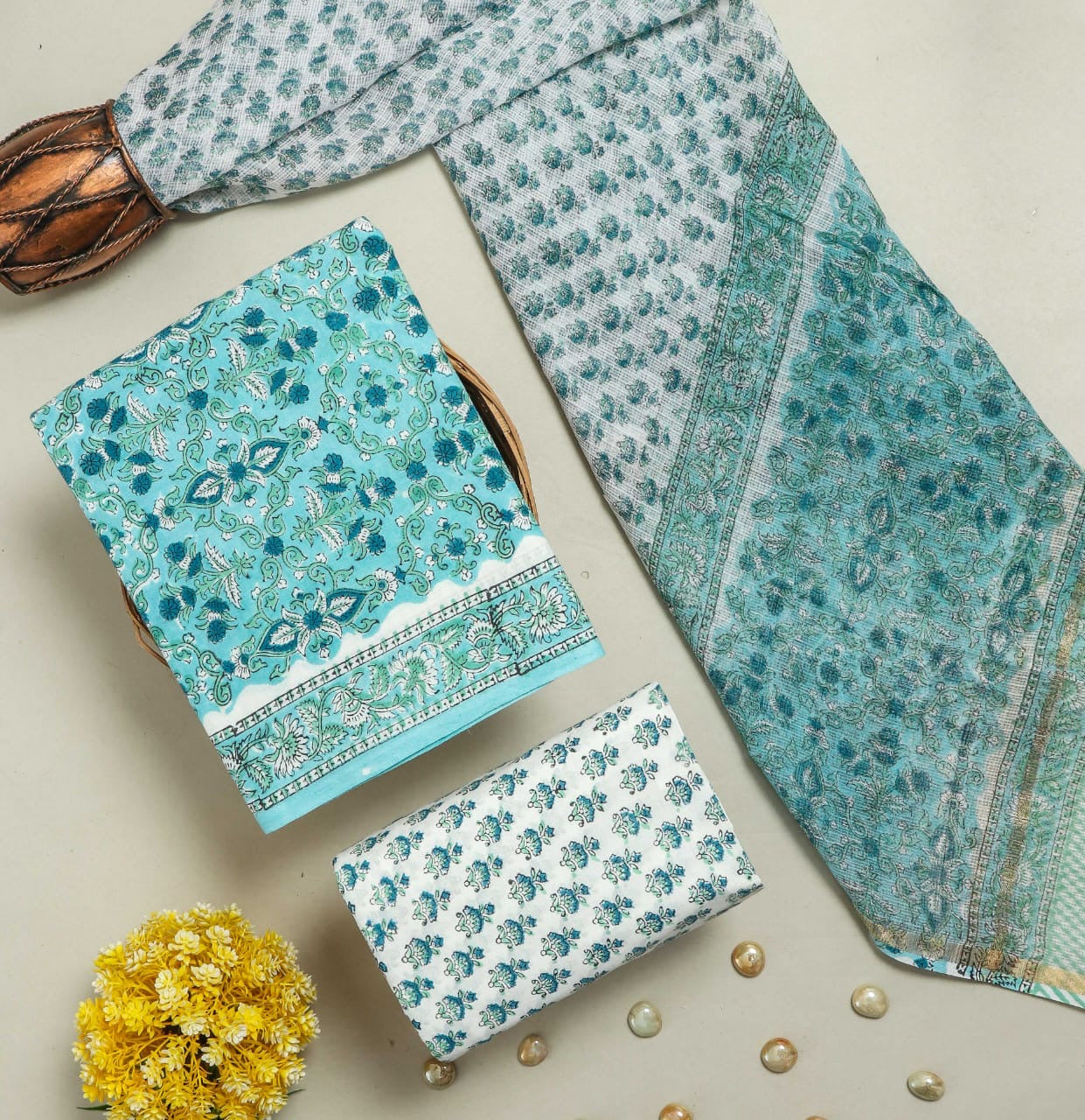 COTTON HANDBLOCK PRINTED UNSTITCHED SUIT SET - 3 PIECE