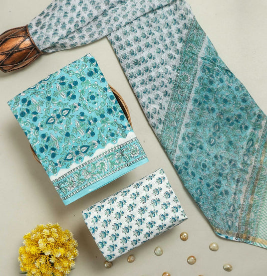 COTTON HANDBLOCK PRINTED UNSTITCHED SUIT SET - 3 PIECE