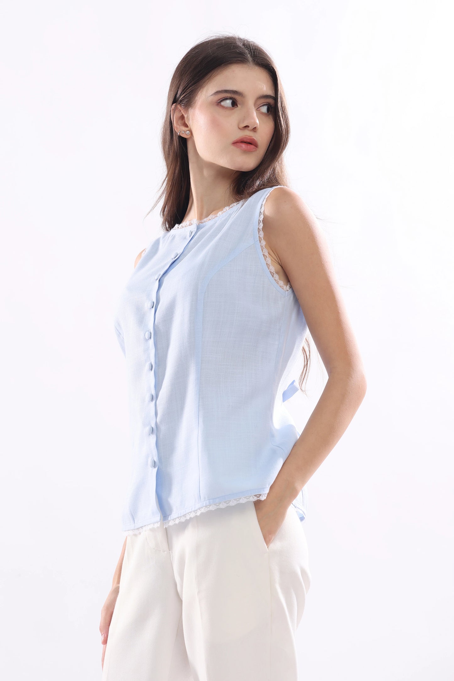 Lace detail Sleeveless Top - Pastel Blue