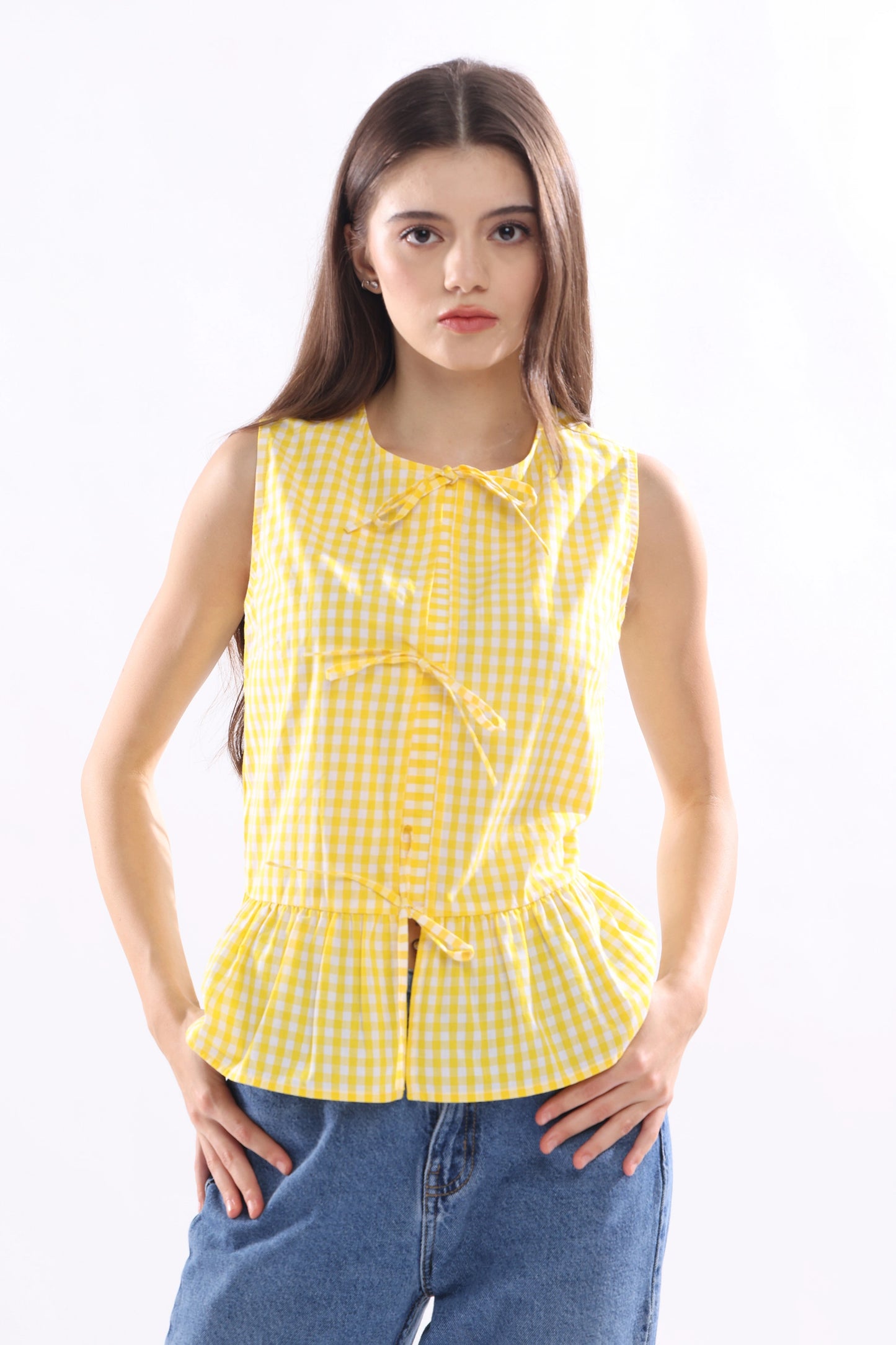 Honey Checks Sleeveless Top with Tie Ribbons