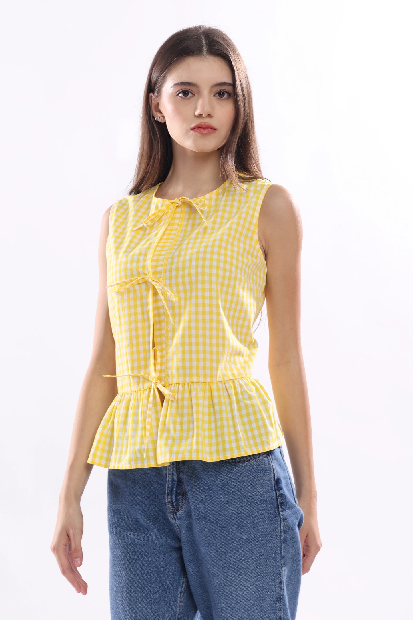 Honey Checks Sleeveless Top with Tie Ribbons