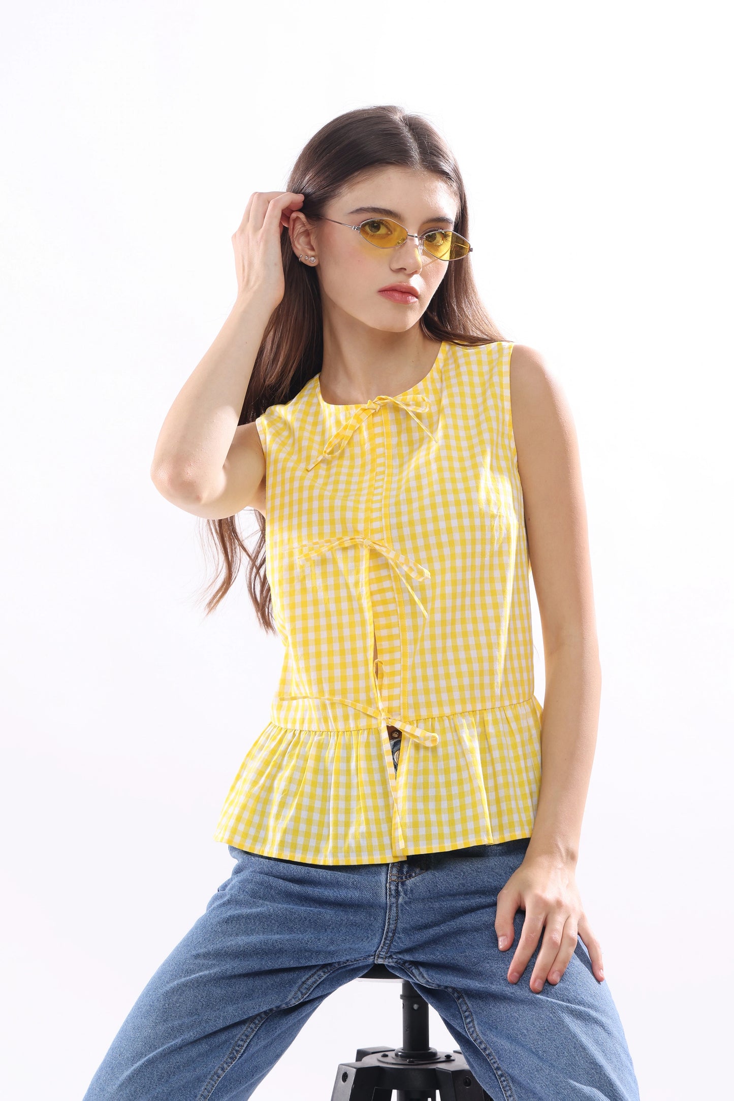 Honey Checks Sleeveless Top with Tie Ribbons