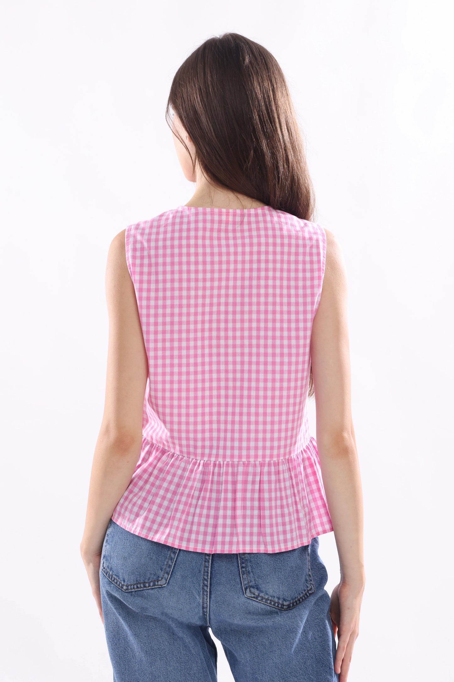 Rosé Checks Sleeveless Top with Tie Ribbons