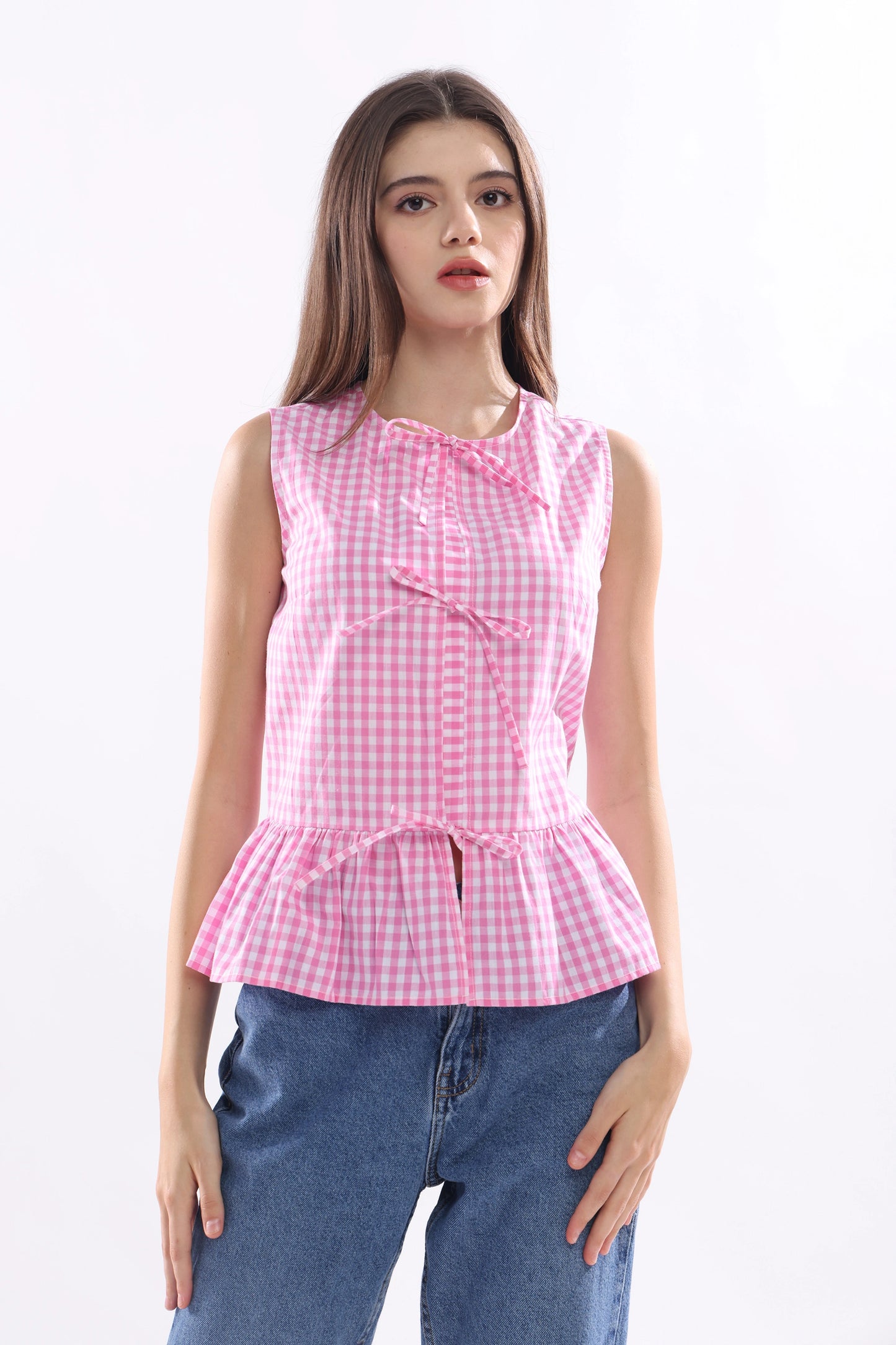 Rosé Checks Sleeveless Top with Tie Ribbons