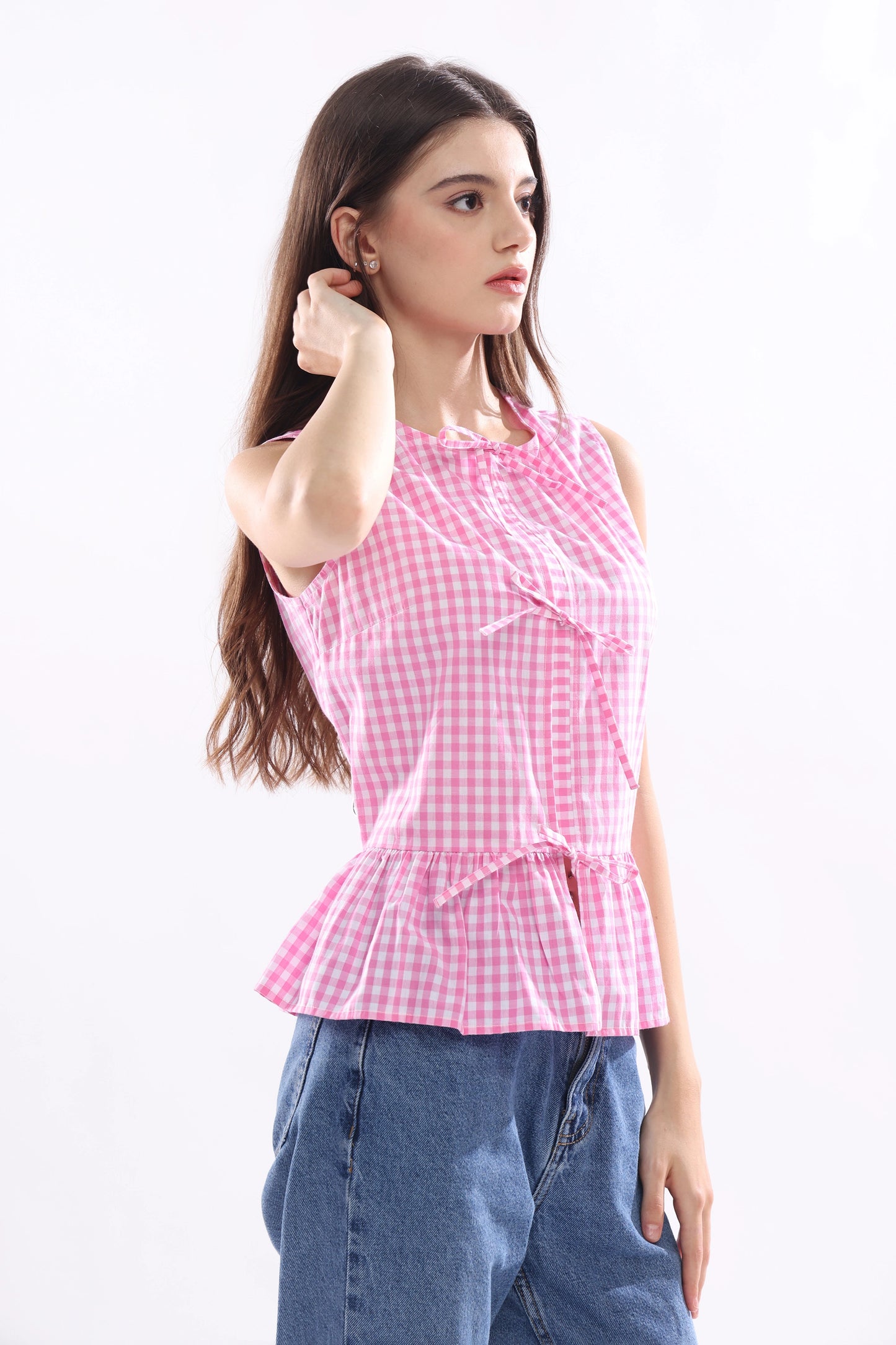 Rosé Checks Sleeveless Top with Tie Ribbons