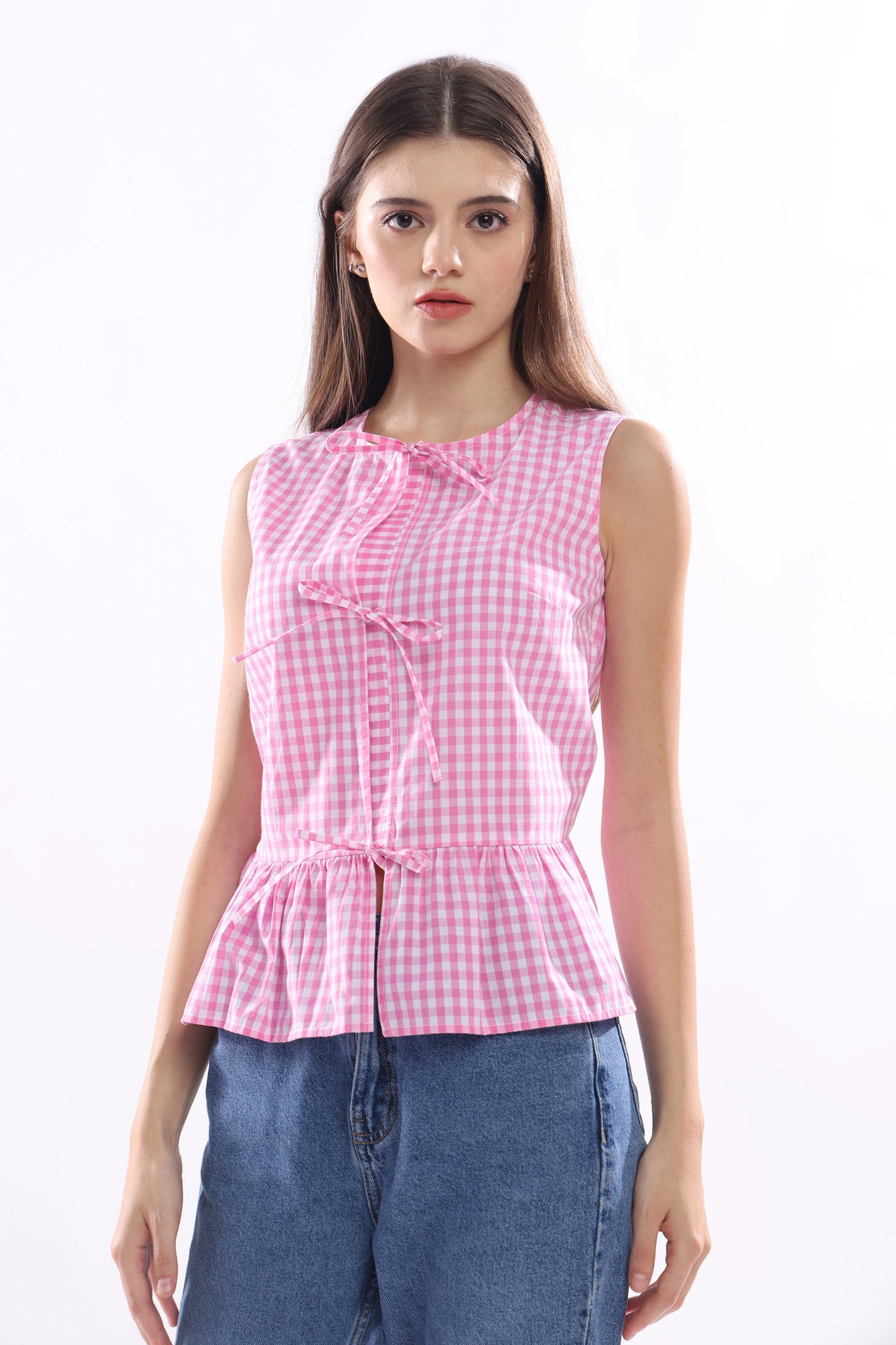 Rosé Checks Sleeveless Top with Tie Ribbons