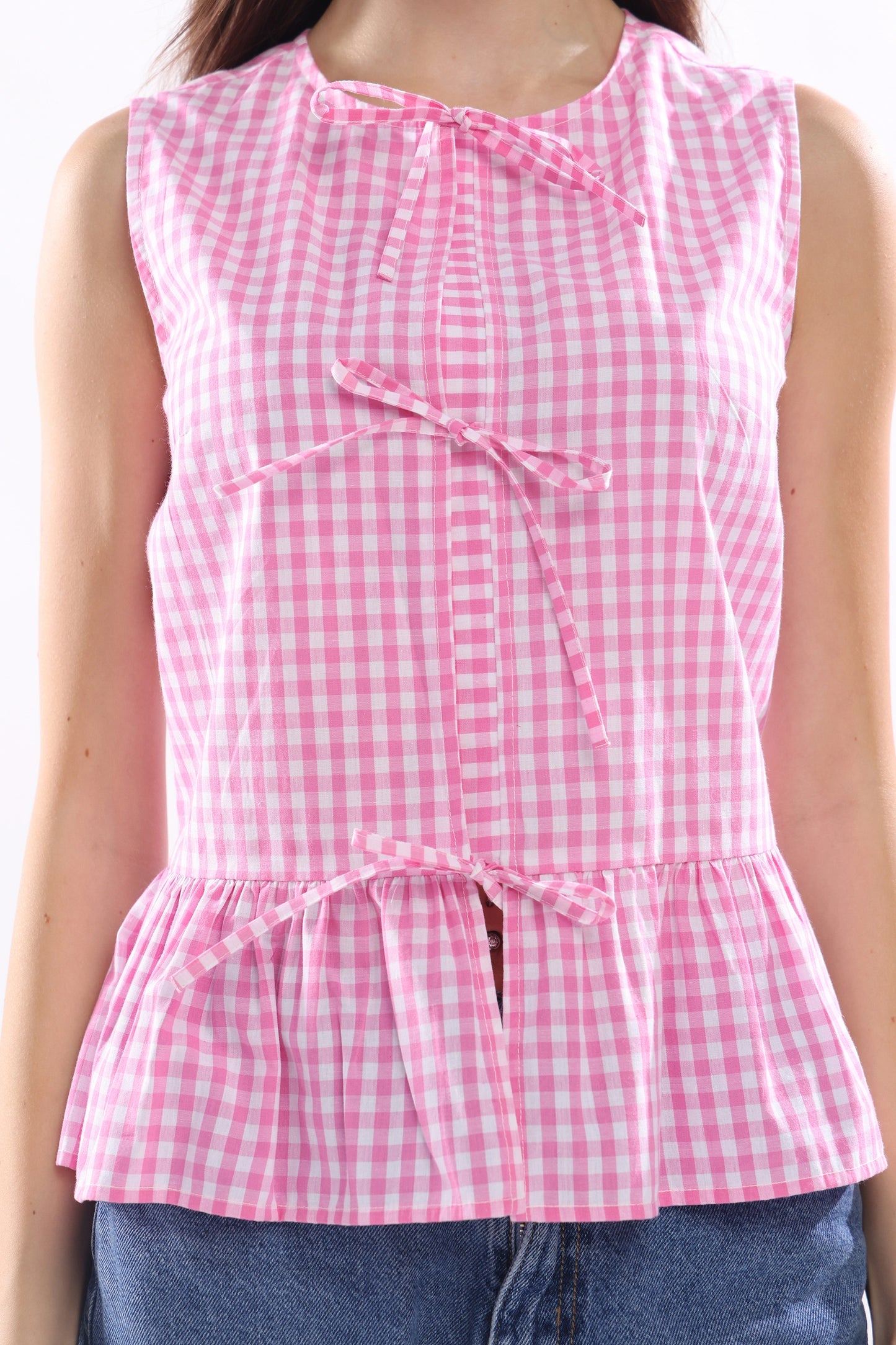 Rosé Checks Sleeveless Top with Tie Ribbons