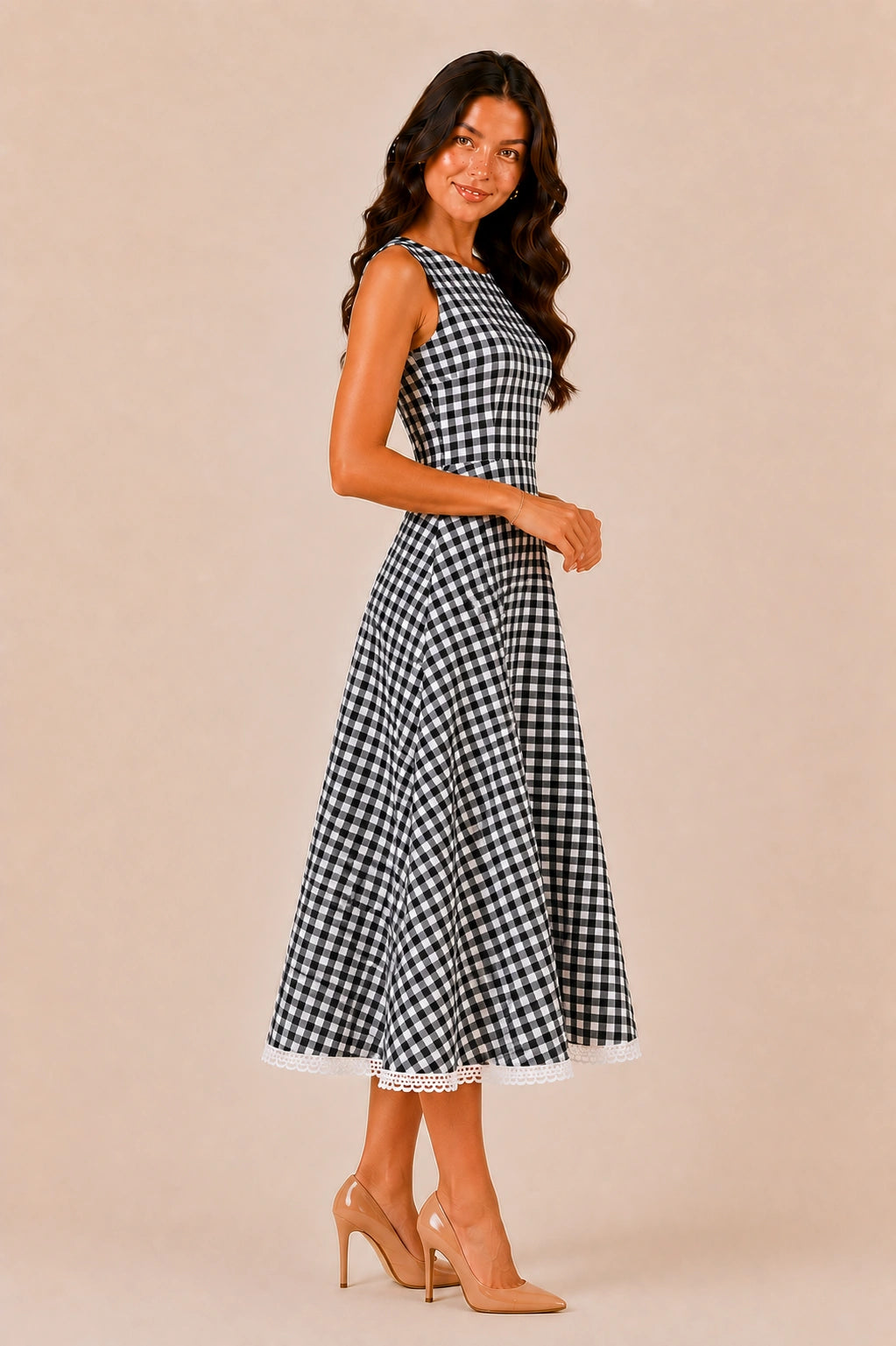 Verona Gingham Midi Dress with Lace Detailing