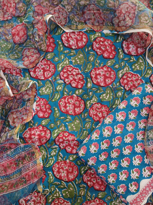 COTTON HANDBLOCK PRINTED UNSTITCHED SUIT SET - 3 PIECE