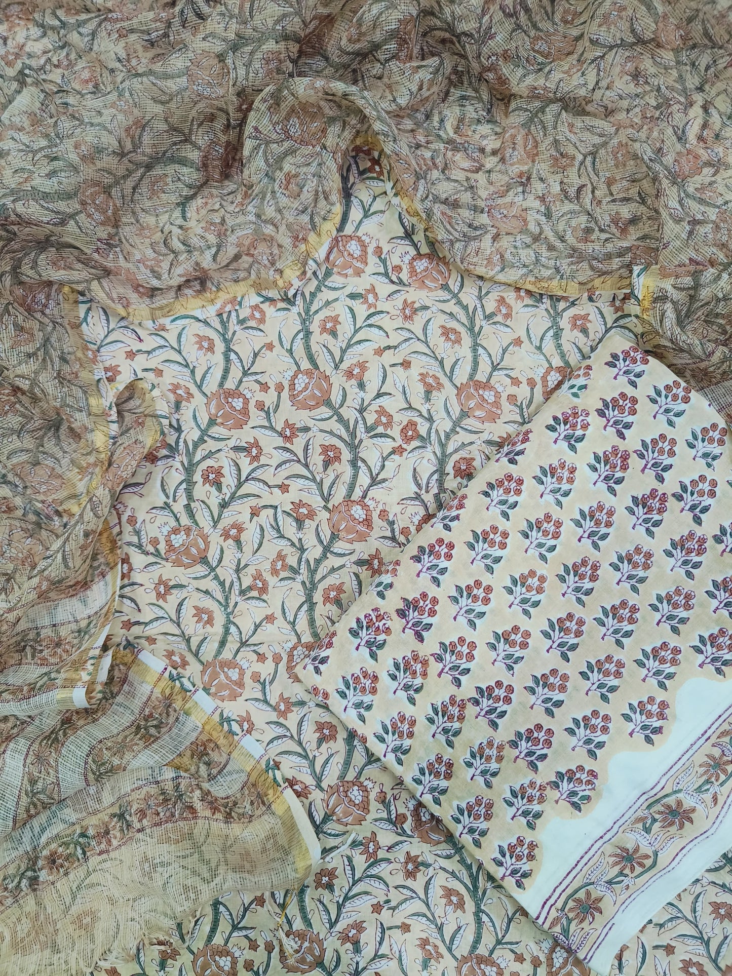COTTON HANDBLOCK PRINTED UNSTITCHED SUIT SET - 3 PIECE