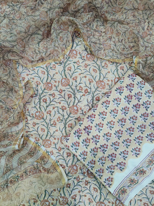 COTTON HANDBLOCK PRINTED UNSTITCHED SUIT SET - 3 PIECE