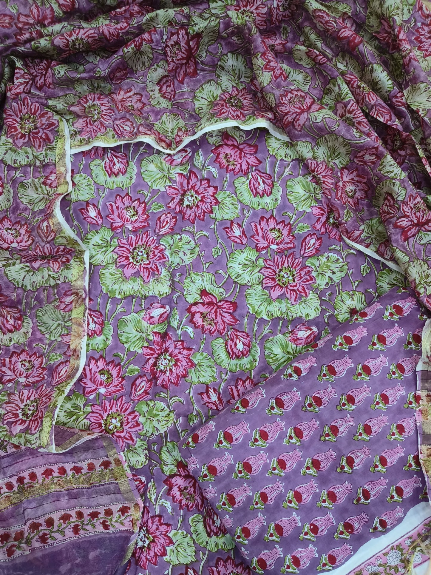 COTTON HANDBLOCK PRINTED UNSTITCHED SUIT SET - 3 PIECE