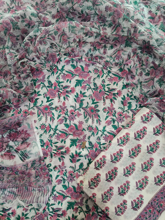 COTTON HANDBLOCK PRINTED UNSTITCHED SUIT SET - 3 PIECE