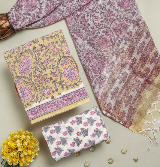 COTTON HANDBLOCK PRINTED UNSTITCHED SUIT SET - 3 PIECE