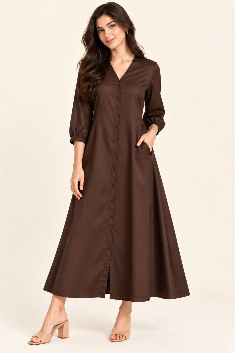 Brown Button Down A-Line Midi Dress with Pockets
