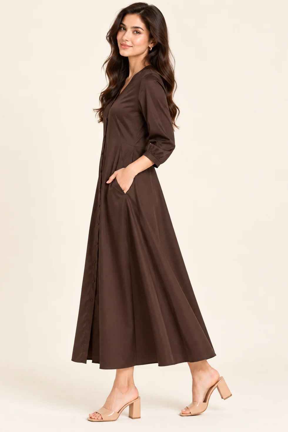 Brown Button Down A-Line Midi Dress with Pockets
