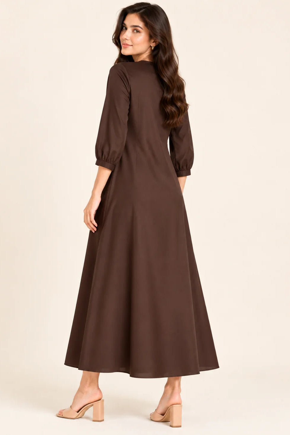 Brown Button Down A-Line Midi Dress with Pockets