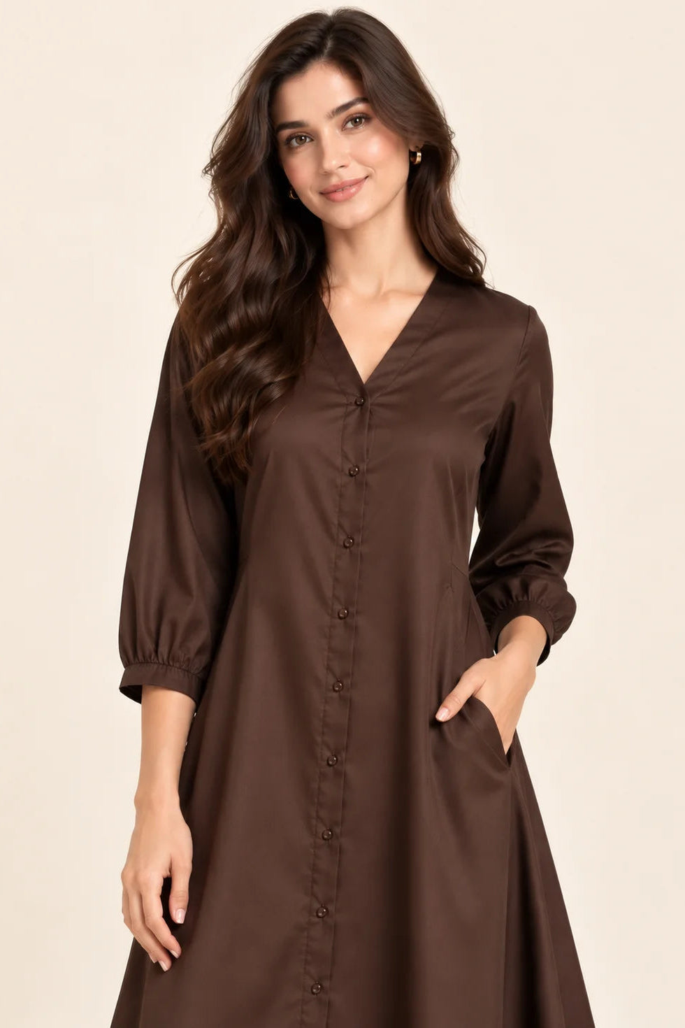 Brown Button Down A-Line Midi Dress with Pockets