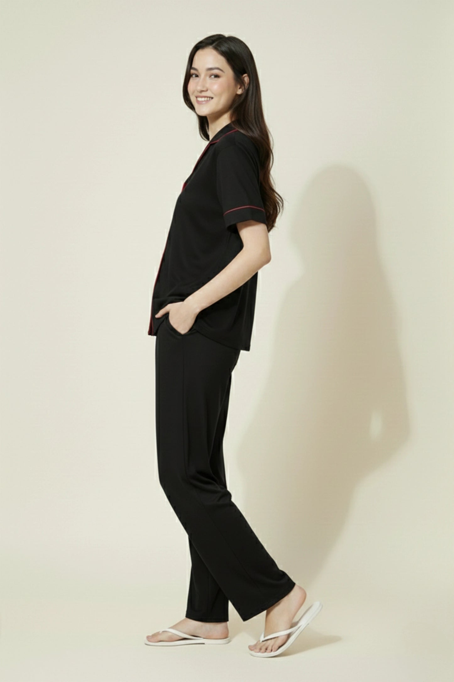 Black Cotton Night Suit for Women with Contrast Piping - Half Sleeve