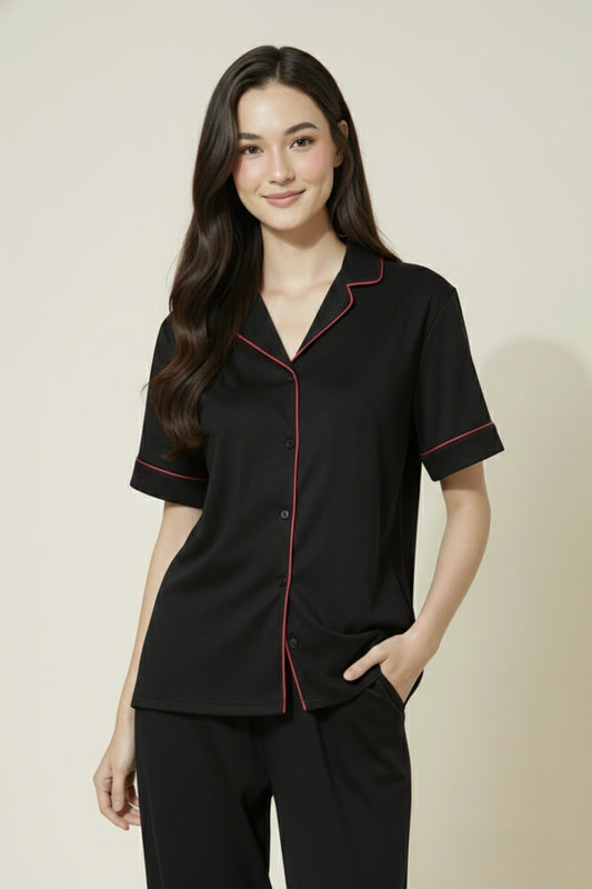 Black Cotton Night Suit for Women with Contrast Piping - Half Sleeve