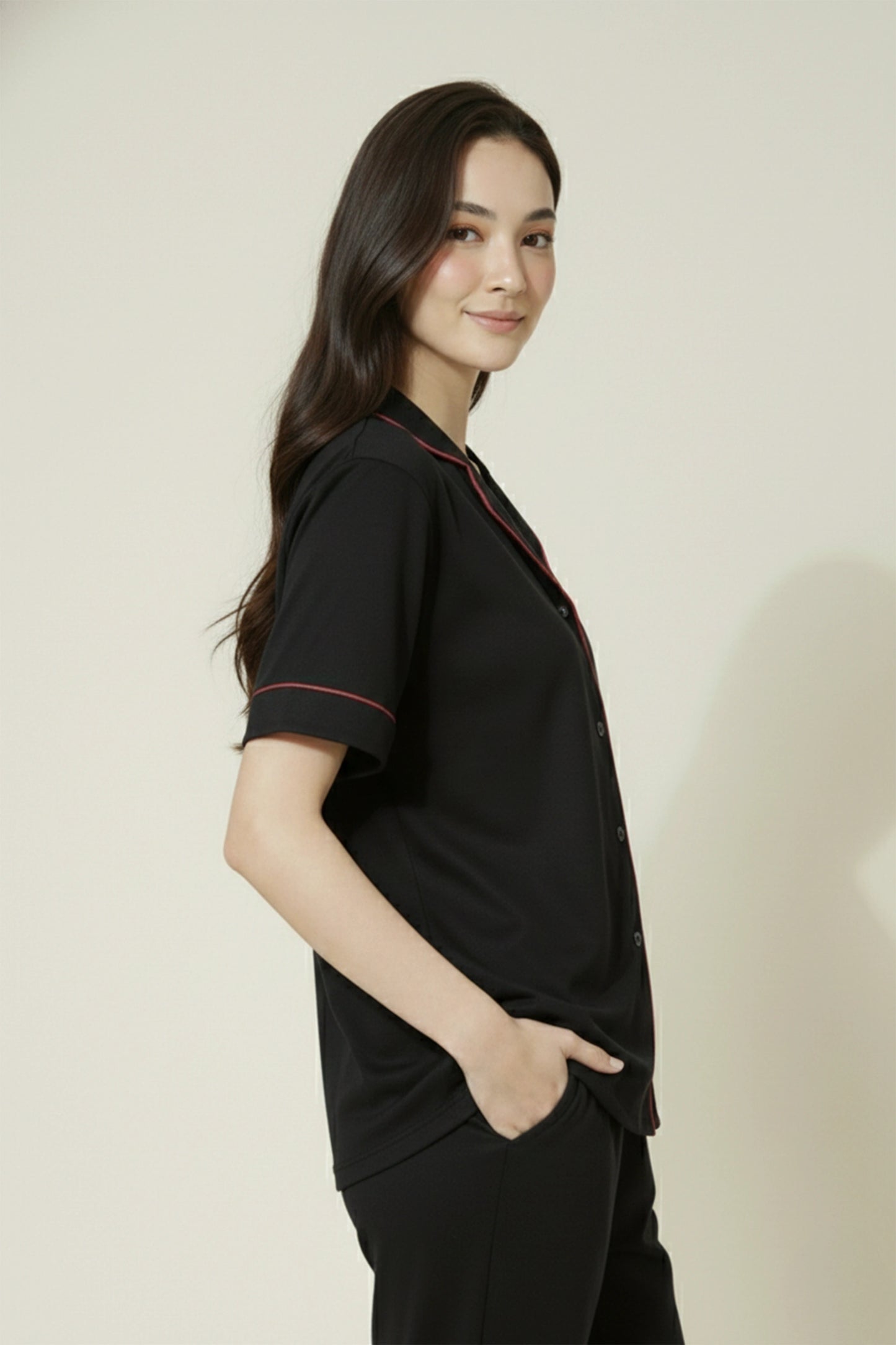 Black Cotton Night Suit for Women with Contrast Piping - Half Sleeve