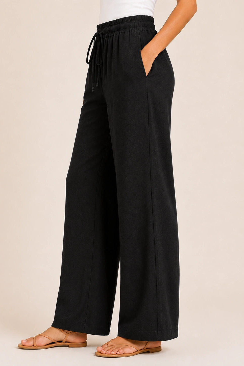 Black Straight-Leg Drawstring Trousers
