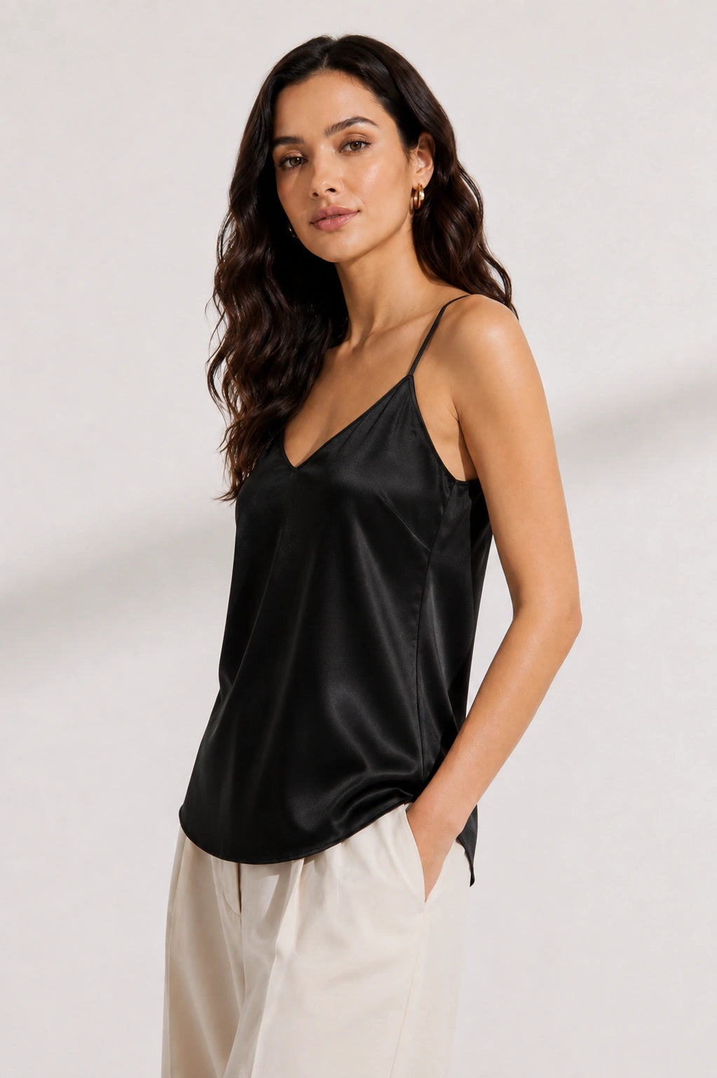 Satin Spaghetti Strap Top - Black