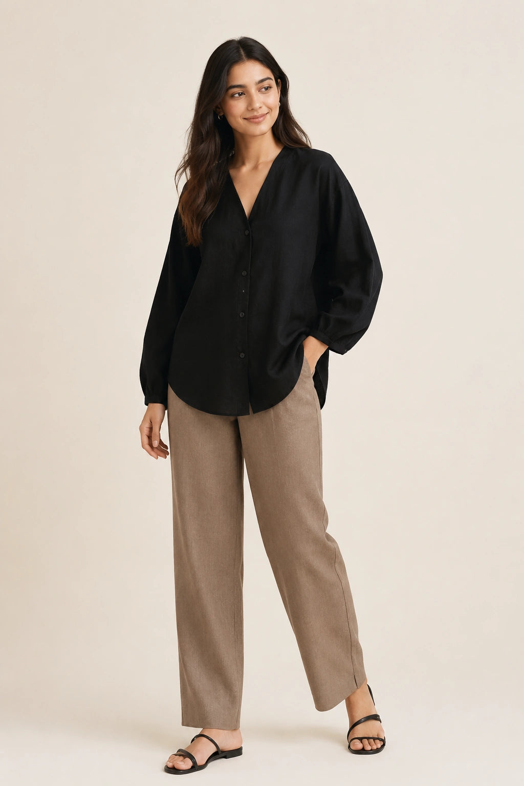 Black V-Neck Button-Down Relaxed Fit Top