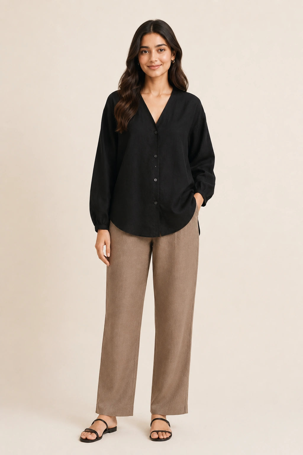 Black V-Neck Button-Down Relaxed Fit Top