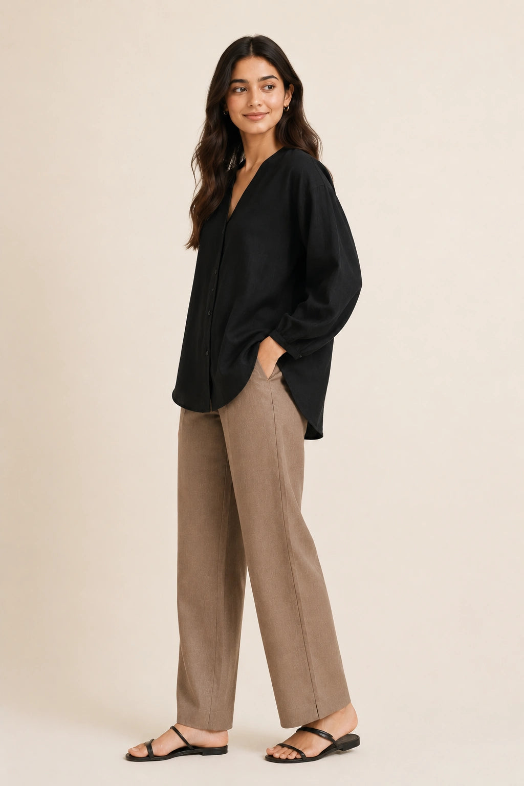 Black V-Neck Button-Down Relaxed Fit Top