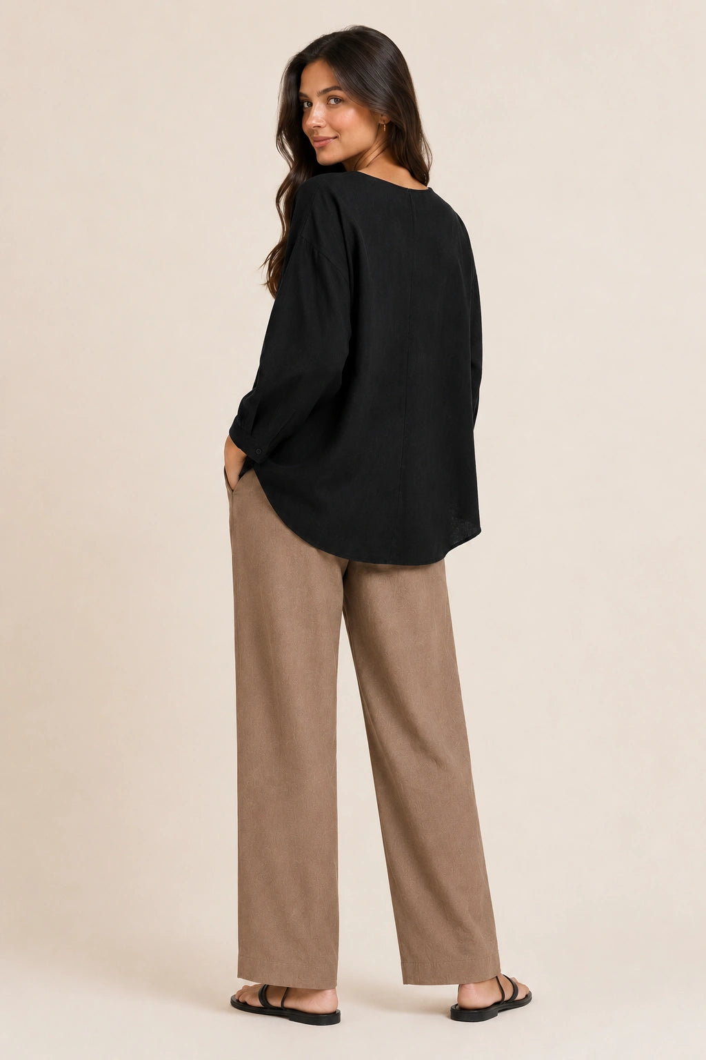 Black V-Neck Button-Down Relaxed Fit Top