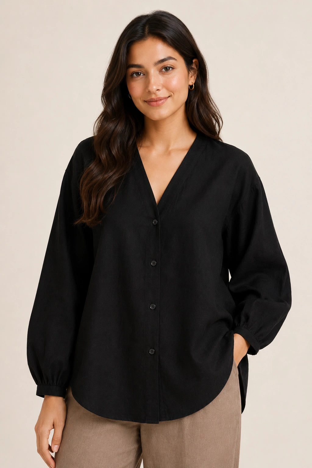 Black V-Neck Button-Down Relaxed Fit Top