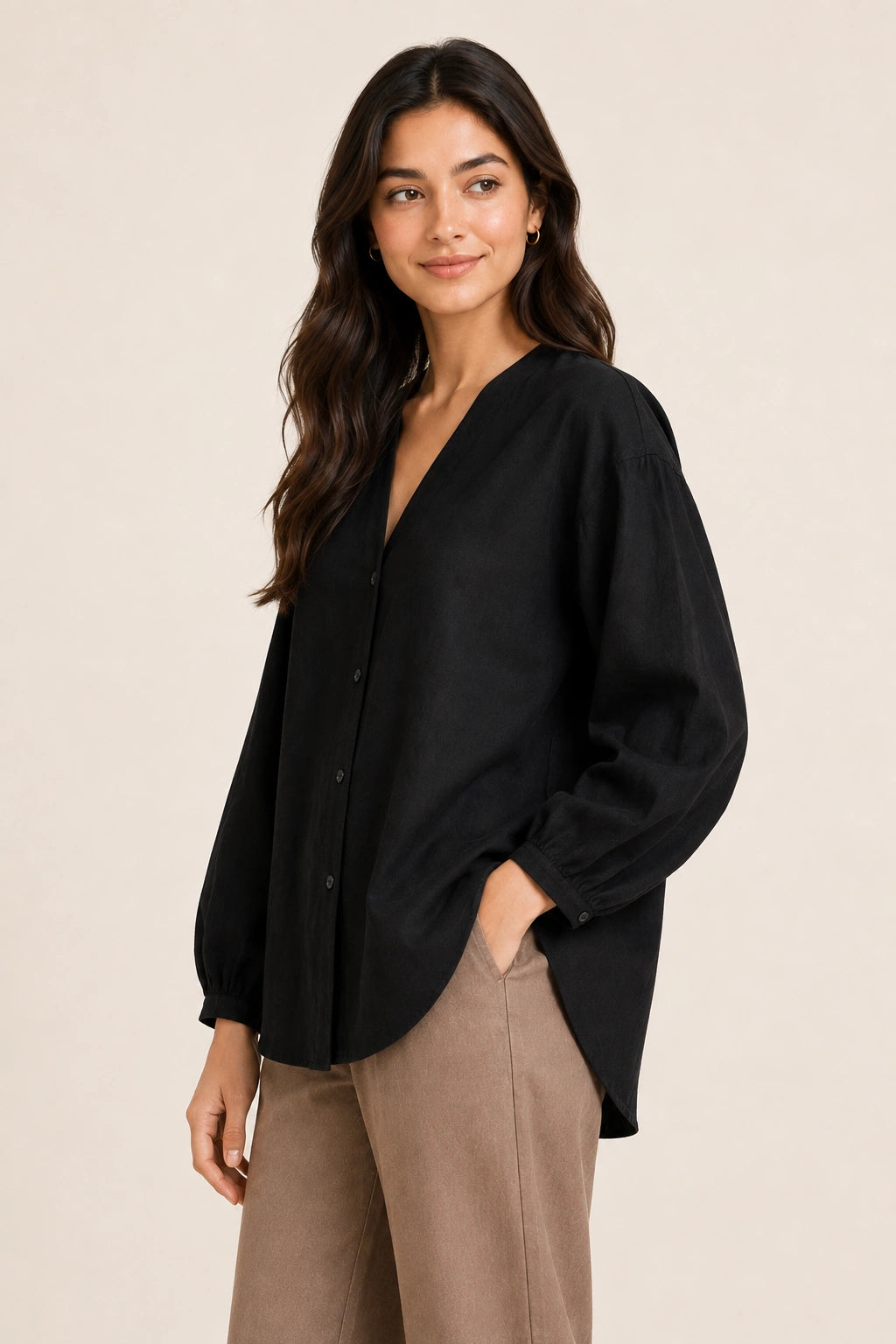 Black V-Neck Button-Down Relaxed Fit Top