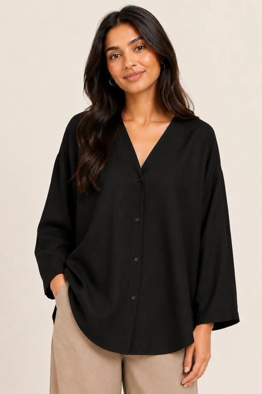 Black V-Neck Button-Down Relaxed Fit Top