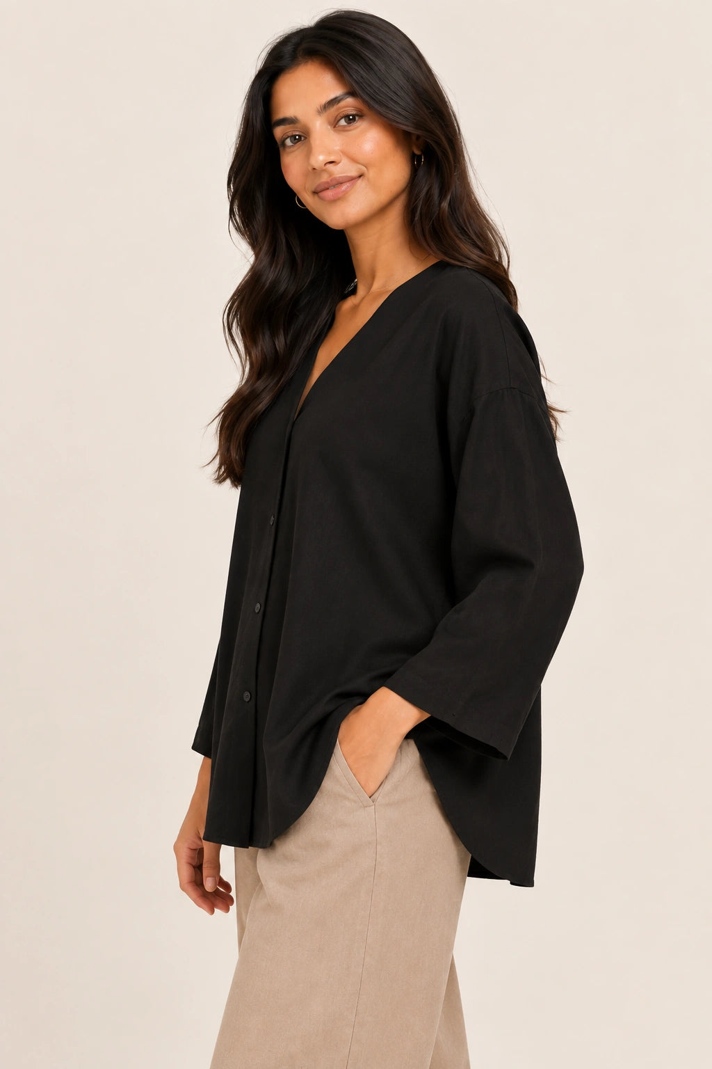 Black V-Neck Button-Down Relaxed Fit Top