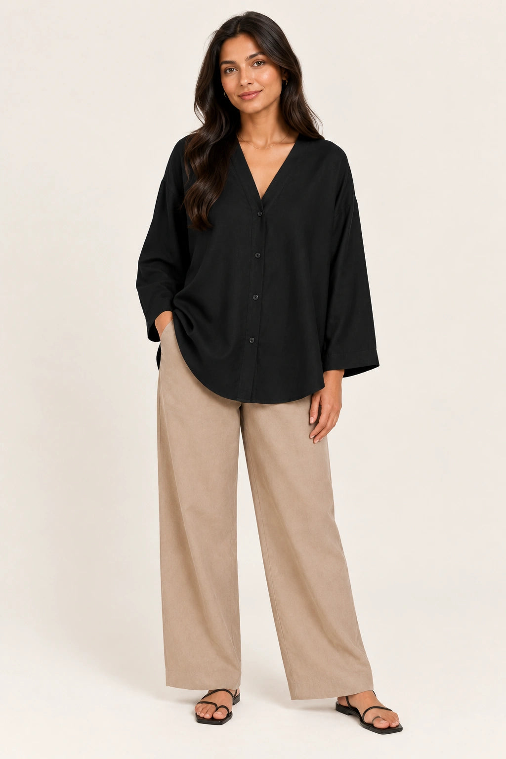 Black V-Neck Button-Down Relaxed Fit Top