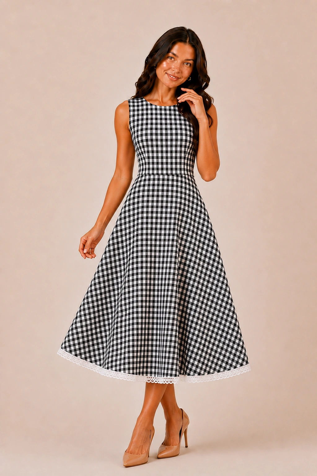 Verona Gingham Midi Dress with Lace Detailing